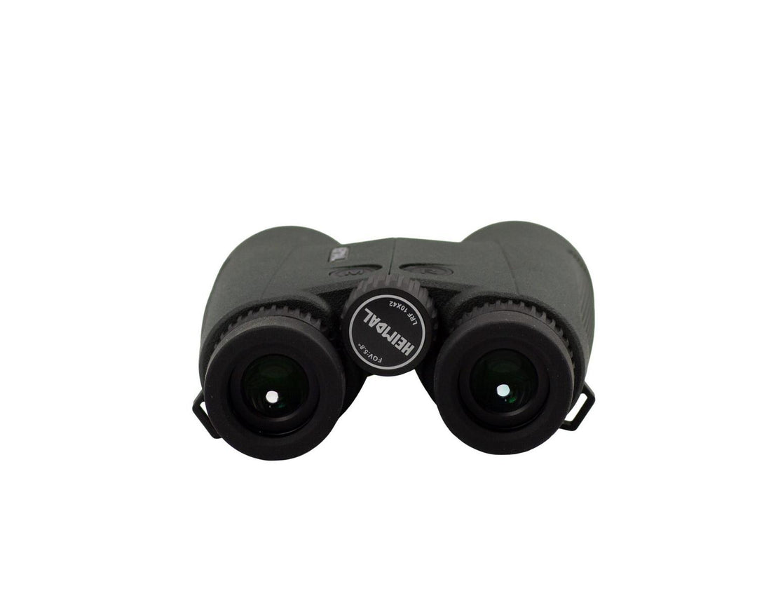 Compact grey Heimdal binoculars viewed front-on into the objective lenses, hinged barrels folded close together