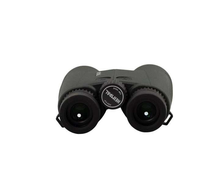 Compact grey Heimdal binoculars viewed front-on into the objective lenses, hinged barrels folded close together
