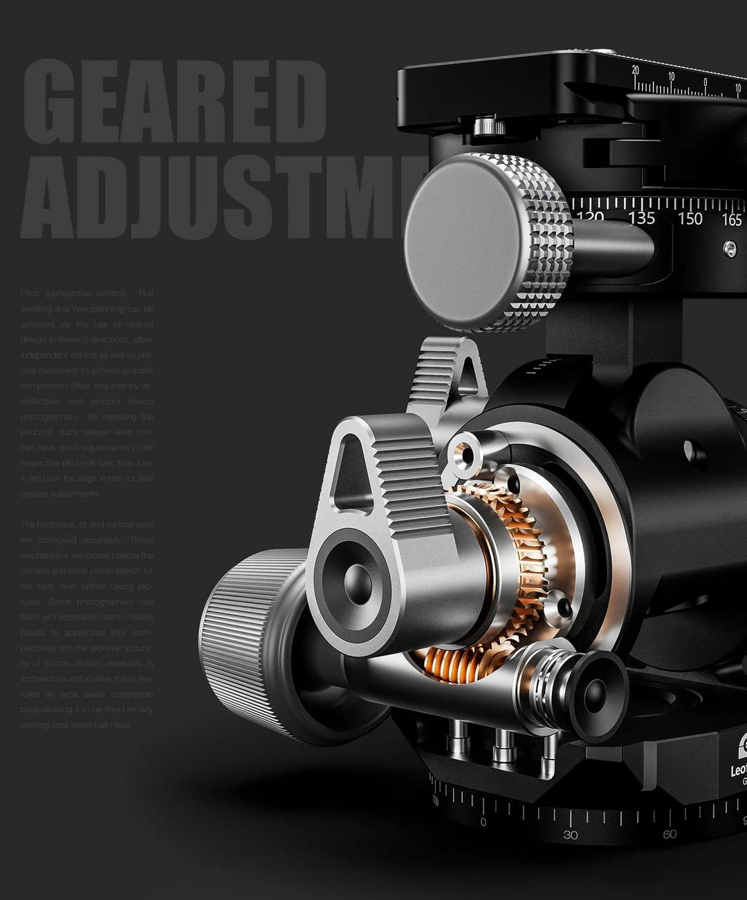 Leofoto G4PROM Four-Way Geared Head with GR-3 Panning Adapter