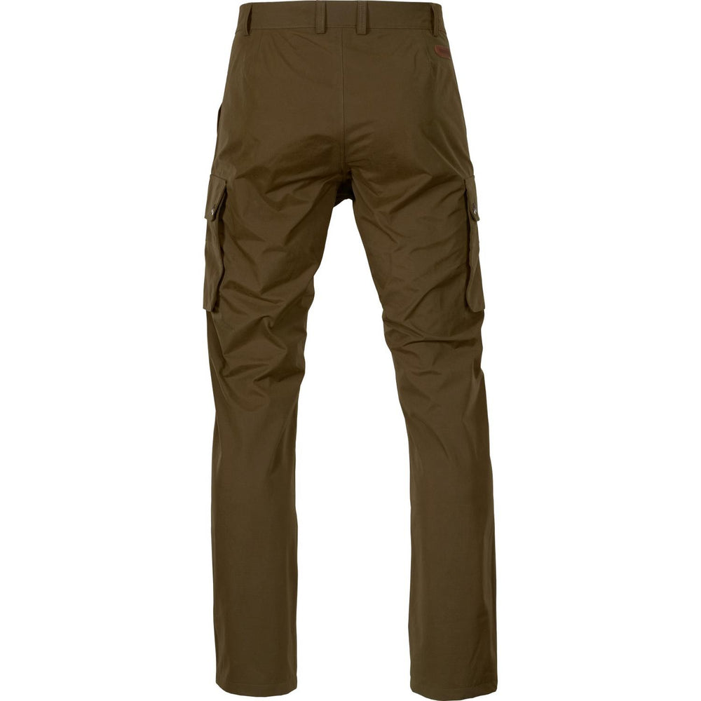 Harkila Retrieve trousers in olive brown, flat ghost-mannequin rear view showing cargo thigh pockets and back pockets