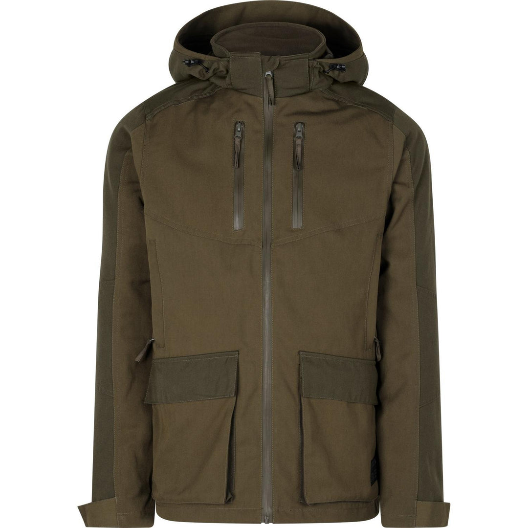 Seeland Trax jacket in olive green, ghost-mannequin front view with the hood, twin zipped chest pockets, lower bellows pockets and full-length front zip