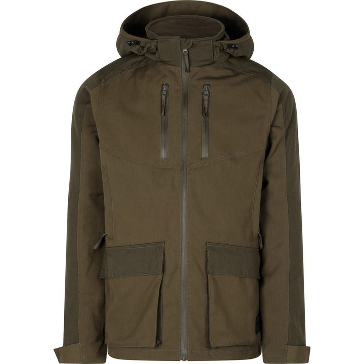 Seeland Trax jacket in olive green, ghost-mannequin front view with the hood, twin zipped chest pockets, lower bellows pockets and full-length front zip