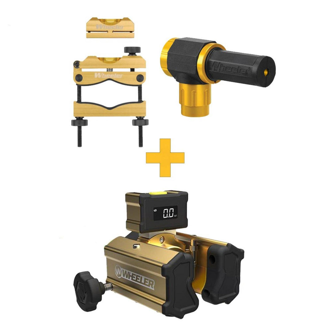 Wheeler Digital Scope Alignment System components: gold anodised levelling clamps and barrel level above a plus sign, with the digital display unit reading 0.0 below