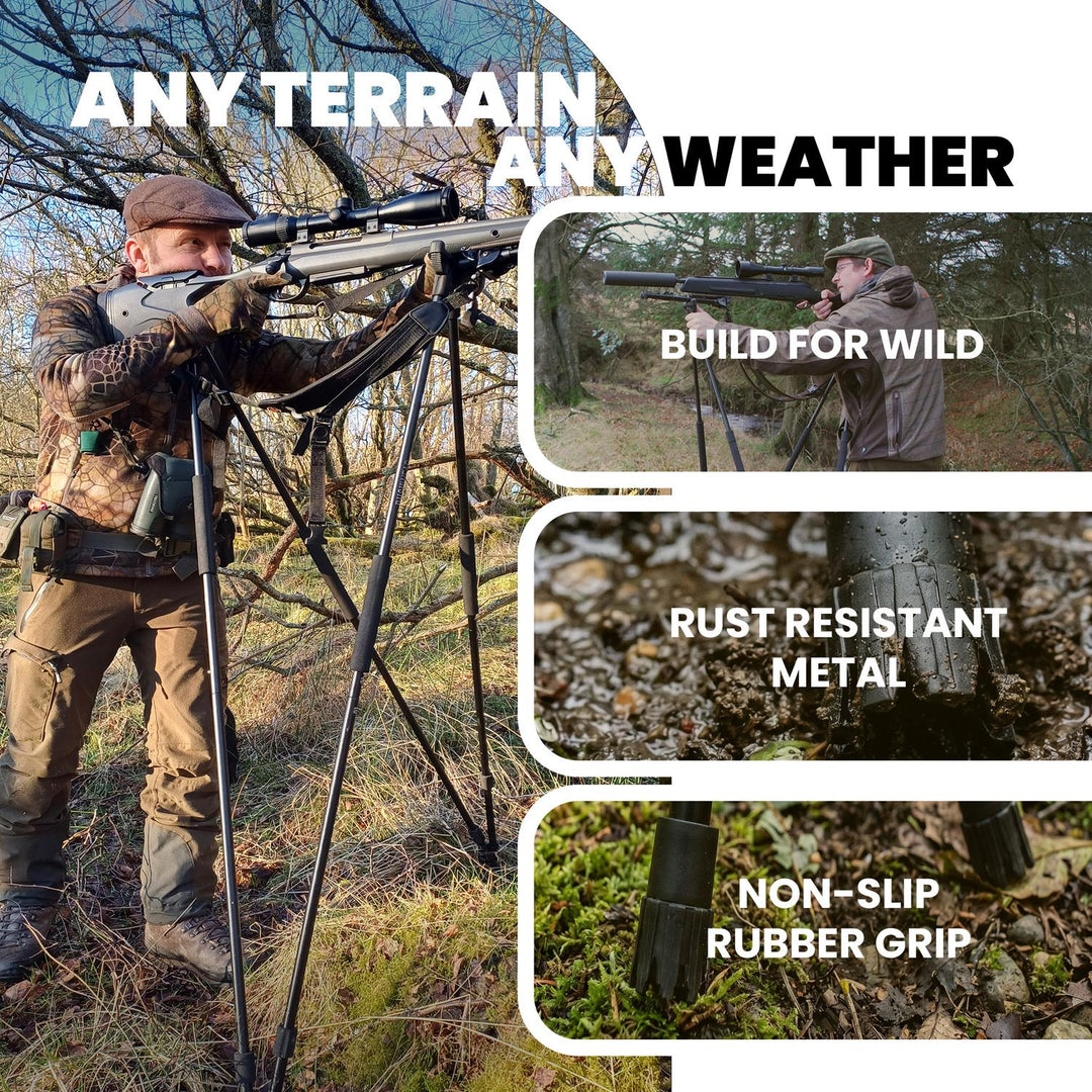 'Any Terrain, Any Weather' infographic showing a hunter using the BushWear shooting stick, noting mud use, rust-resistant metal and non-slip grip