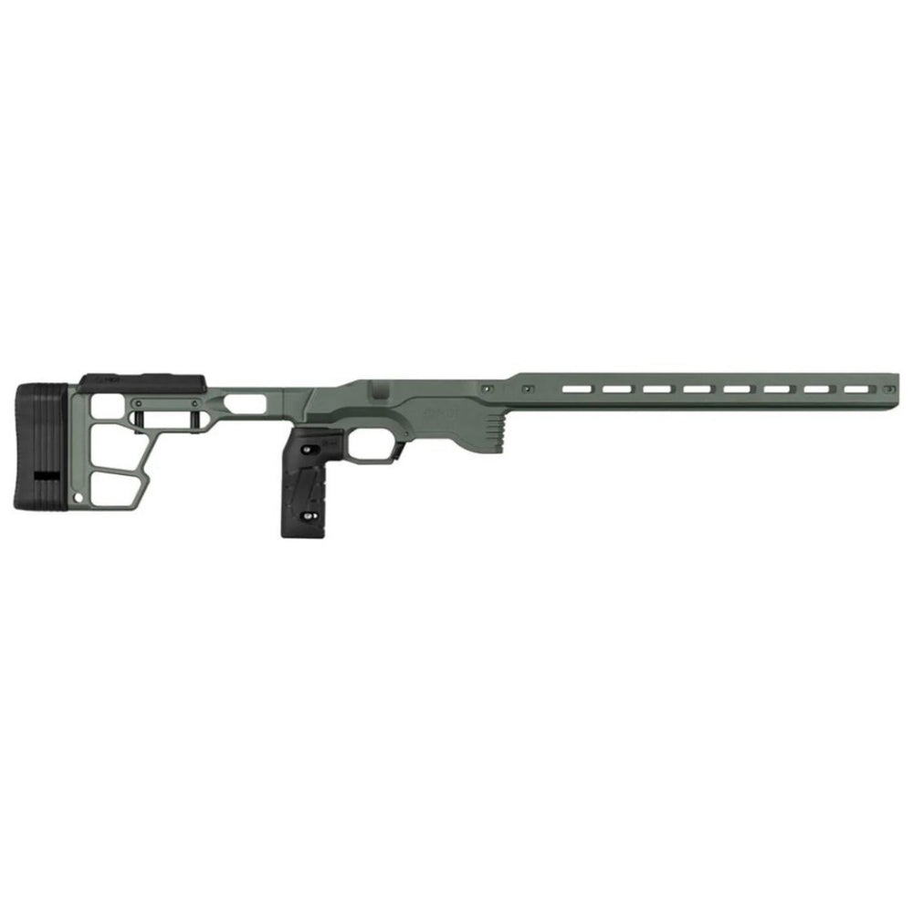 MDT ACC Premier Gen 2 chassis for Remington 700 long action CIP, right hand in olive green (Cerakote), side view with skeletonised stock and pistol grip