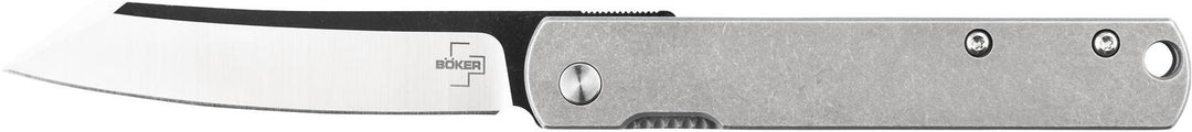 Böker Plus Zenshin Framelock folding knife open, grey handle and two-tone blade, flat side view on white
