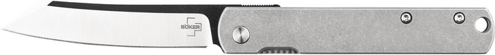 Böker Plus Zenshin Framelock folding knife open, grey handle and two-tone blade, flat side view on white