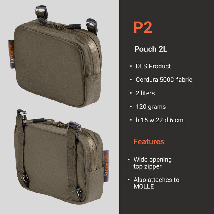 Vorn P2 2L pouch in Fog green shown in two views beside a spec panel: Cordura 500D fabric, 2 litres, 120g, 15x22x6cm, wide top zip, attaches to MOLLE