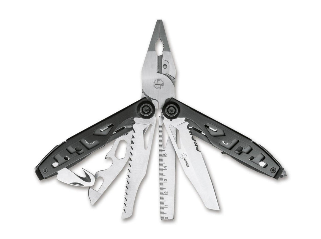 Böker Plus Specialist II multitool open with pliers, saw, blade and file fanned out, black and steel handles with ruler