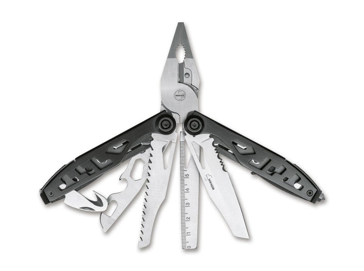 Böker Plus Specialist II multitool open with pliers, saw, blade and file fanned out, black and steel handles with ruler