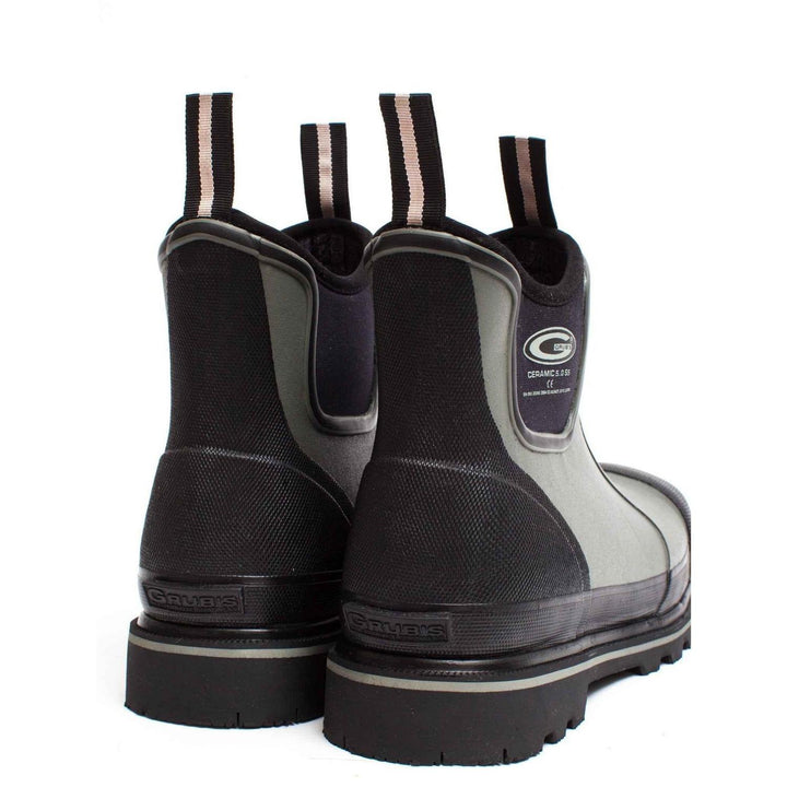 Grubs Ceramic Driver 5.0 S5 safety ankle boots in grey and black, three-quarter rear view showing pull loops and heel