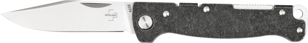 Böker Plus Atlas Backlock Clippoint folding knife open, stonewashed steel handle and satin clip-point blade, flat side view