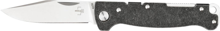 Böker Plus Atlas Backlock Clippoint folding knife open, stonewashed steel handle and satin clip-point blade, flat side view