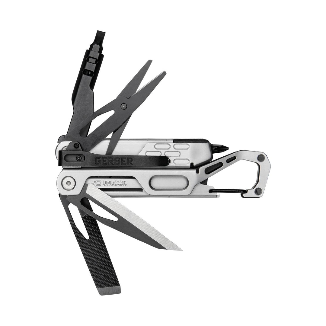 Gerber Stakeout Drive with several tools fanned open from the handle, including the blade, scissors and stake puller strap