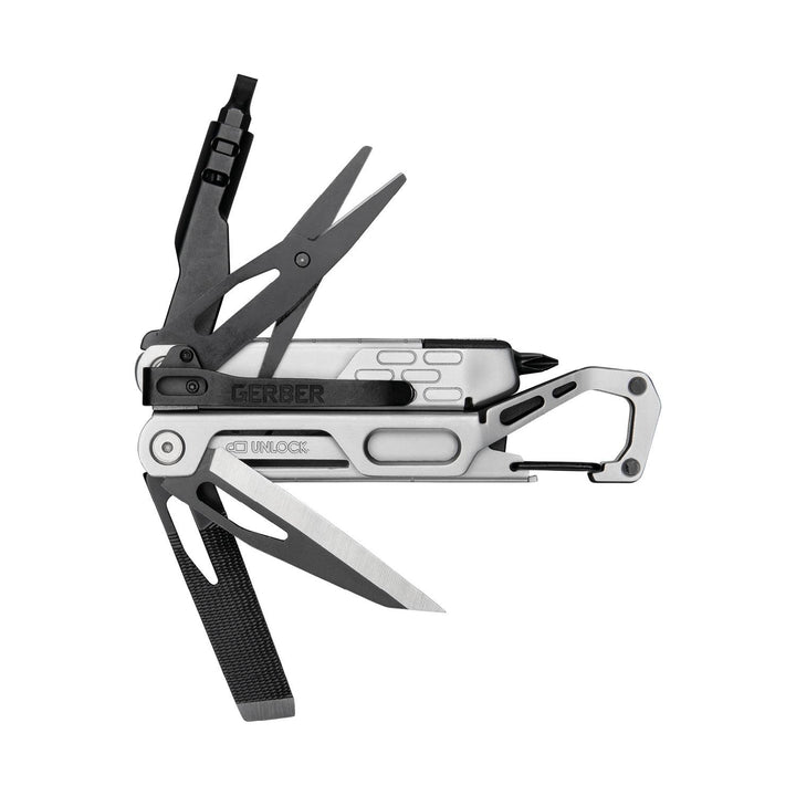 Gerber Stakeout Drive with several tools fanned open from the handle, including the blade, scissors and stake puller strap