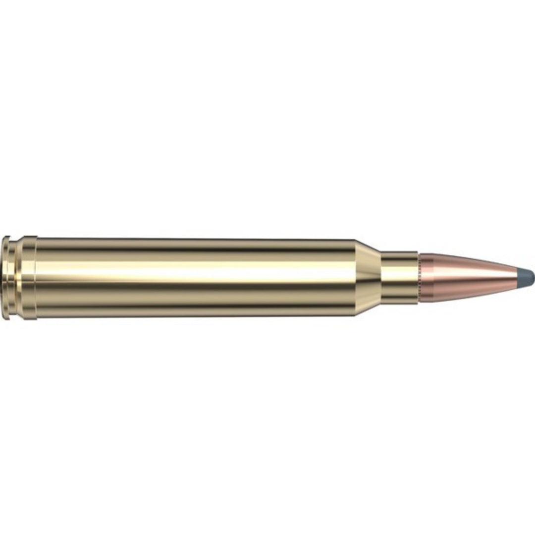 Hornady .300 Win Mag 180gr InterLock cartridge, side-profile render of the long belted brass case with a copper soft-point bullet and exposed grey lead tip