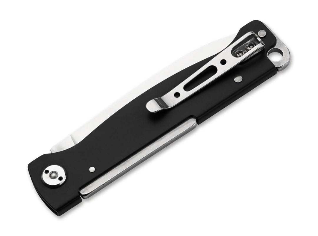 Böker Plus Atlas Black folding knife closed, black handle with pocket clip, angled view