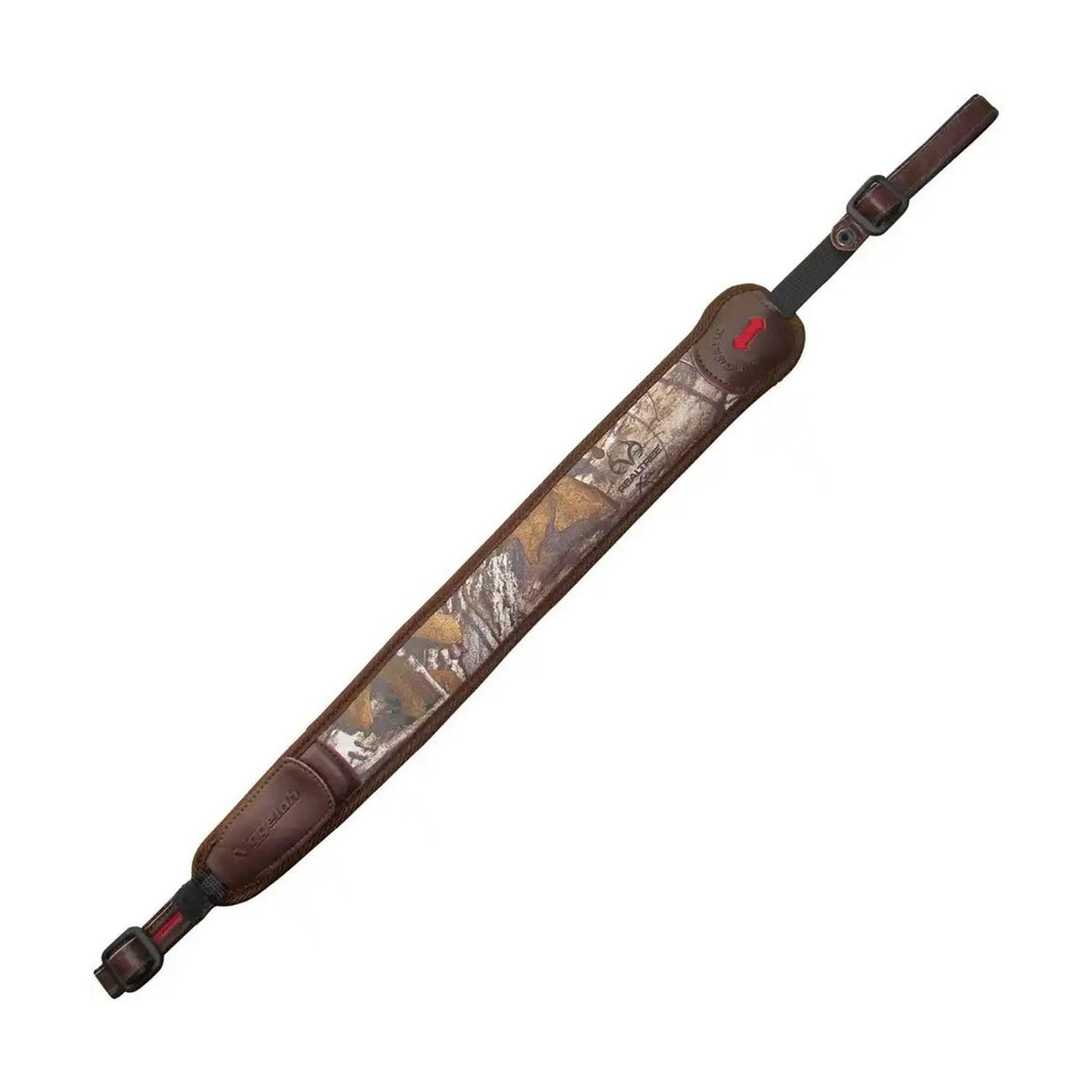 Niggeloh Automatic rifle sling in Realtree Xtra camouflage with brown padded shoulder section, shown full length