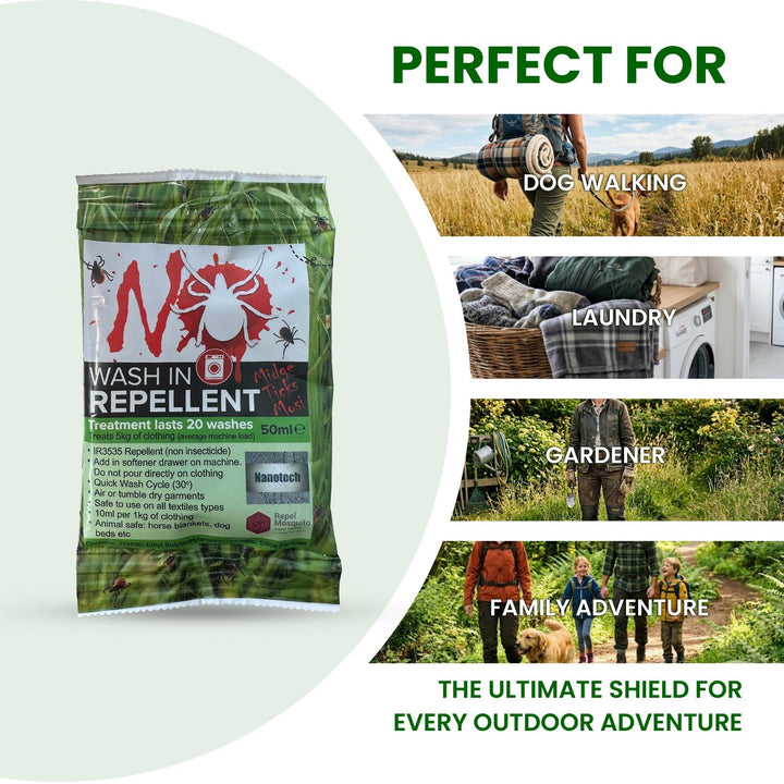 'Perfect For' graphic showing the NO Tick sachet over outdoor scenes, billed as the ultimate shield for every adventure