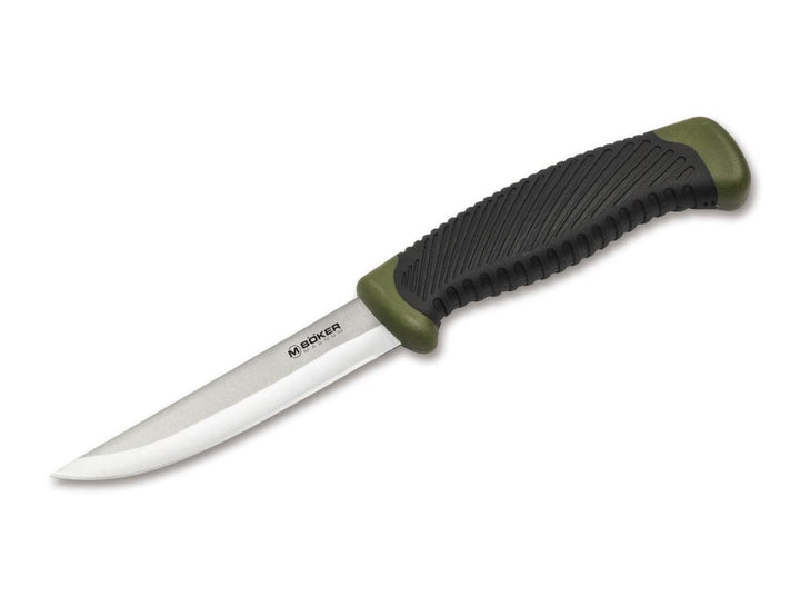 Böker Magnum Falun Green fixed blade knife with black and olive green rubberised handle, satin blade, side view on white