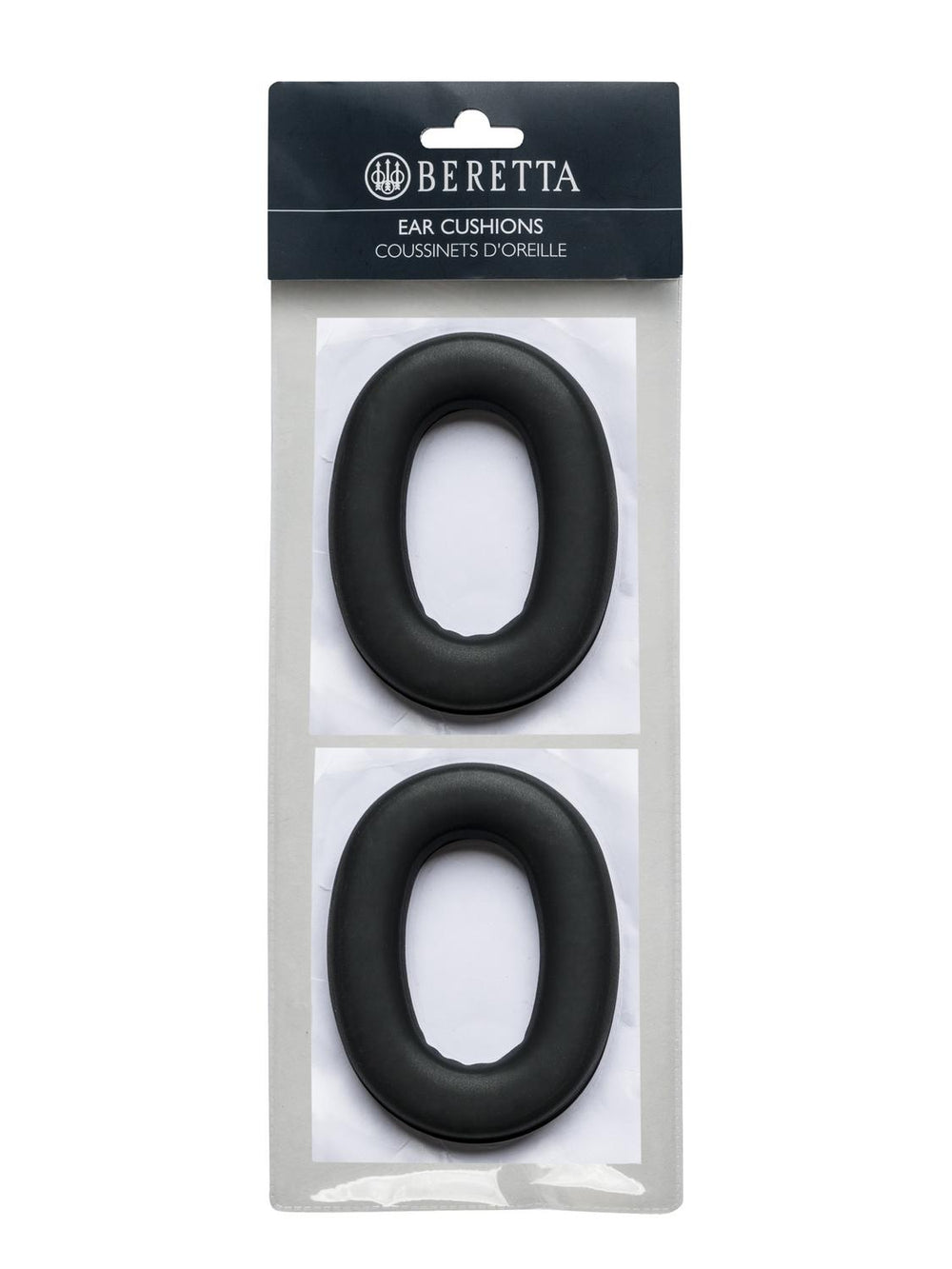 Beretta replacement ear cushions in retail packaging, two black foam rings on card behind a navy BERETTA 'Ear Cushions / Coussinets d'oreille' header