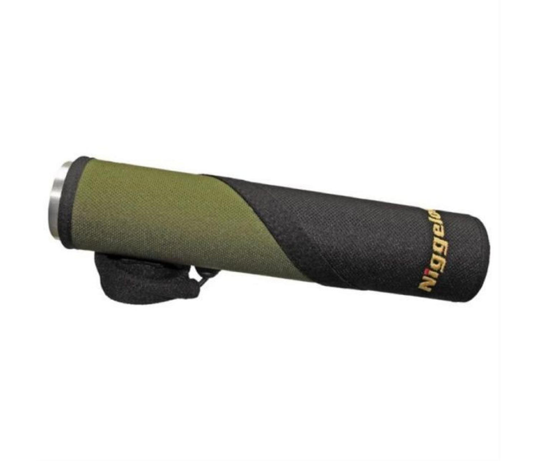 Niggeloh moderator cover in black and olive green neoprene with gold Niggeloh lettering, shown lying on its side