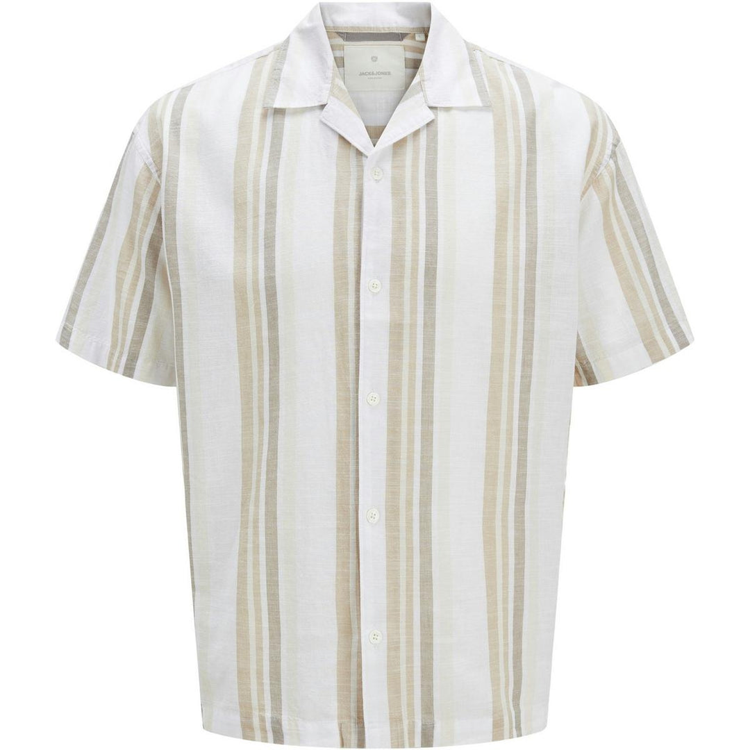 Jack & Jones Jack & Jones Premium revere collar linen shirt in White with Green stripe Travertine