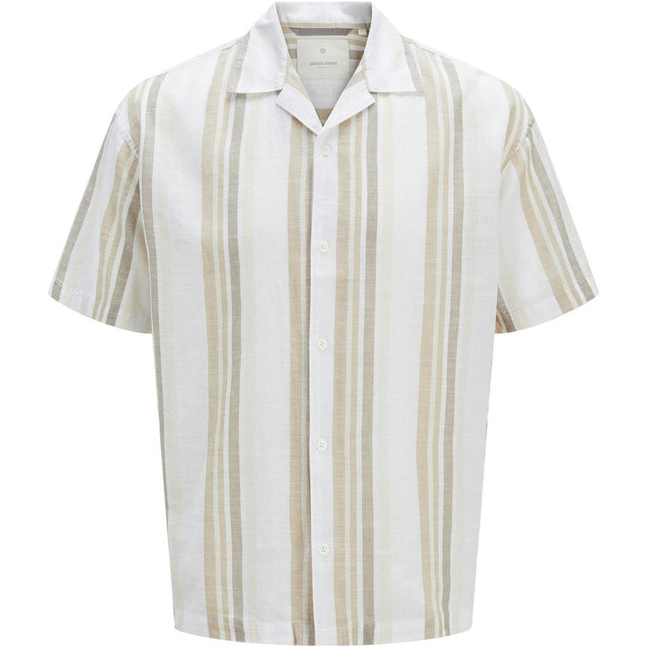 Jack & Jones Jack & Jones Premium revere collar linen shirt in White with Green stripe Travertine