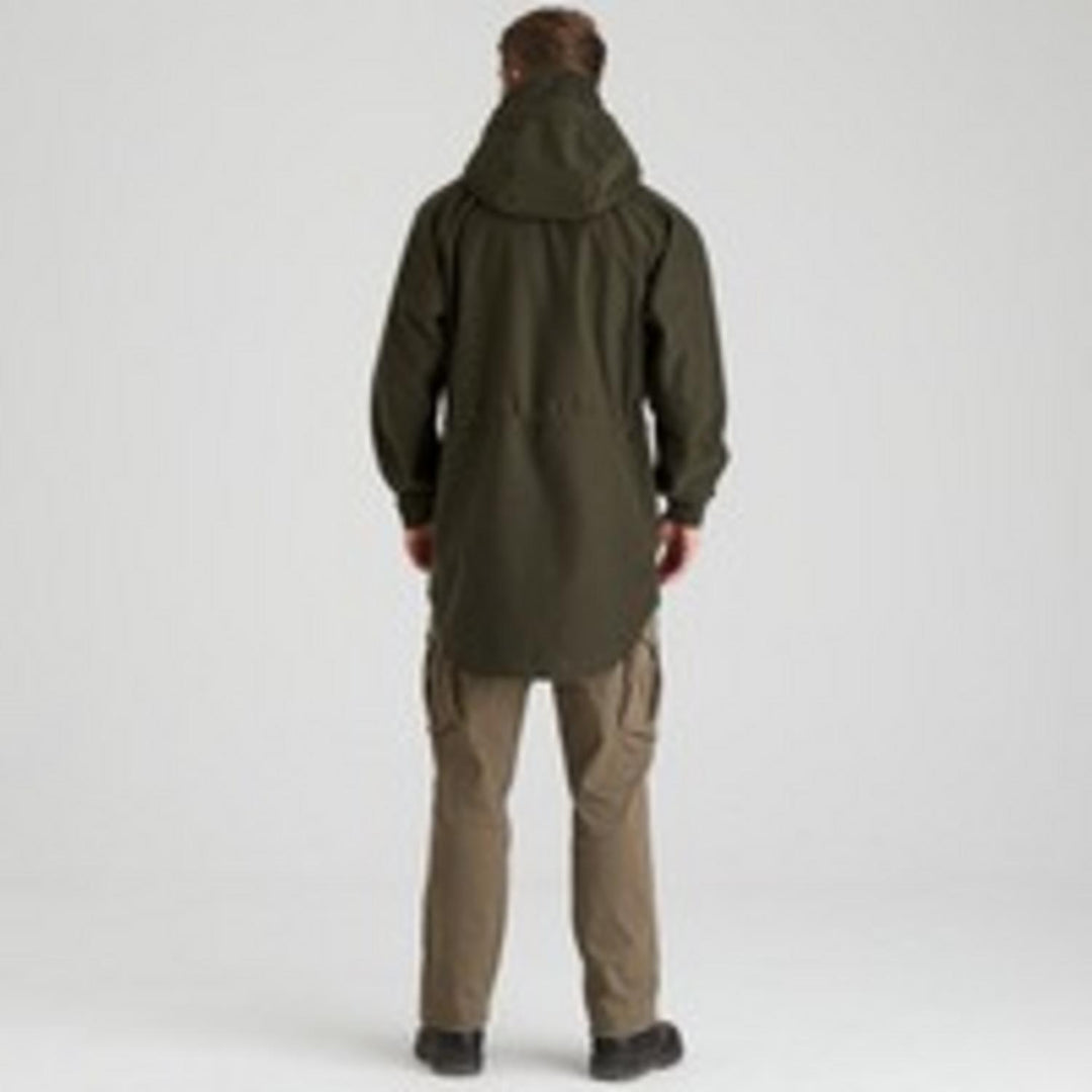 Rear view of a model wearing the Ridgeline Monsoon Classic Smock in Deep Forest green with the hood up, showing the long drop-tail hem