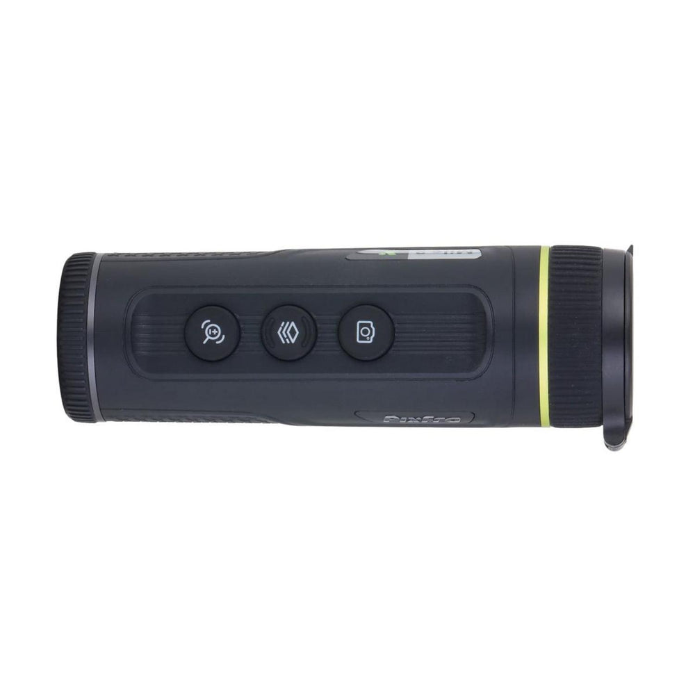 Pixfra Mile 2 M215M thermal monocular, black, top view showing the three rubberised control buttons and the eyepiece.