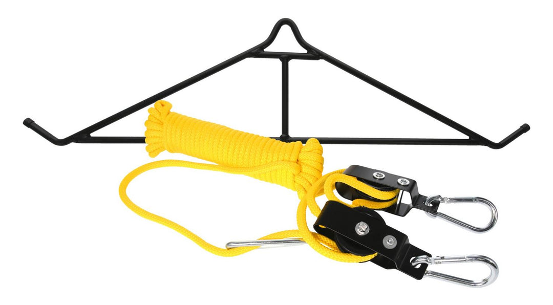 Hunter Specialties Mag 4:1 ratio lift system with gambrel, black steel gambrel with yellow rope and two ratchet pulleys with carabiners