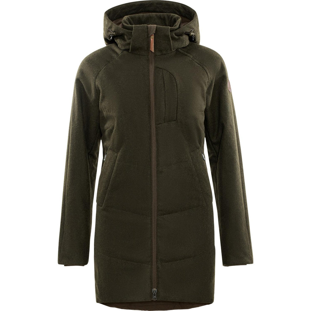 Härkila Metso Winter women's jacket in dark green, straight-on front view showing the quilted body panels, two-way front zip and attached hood.