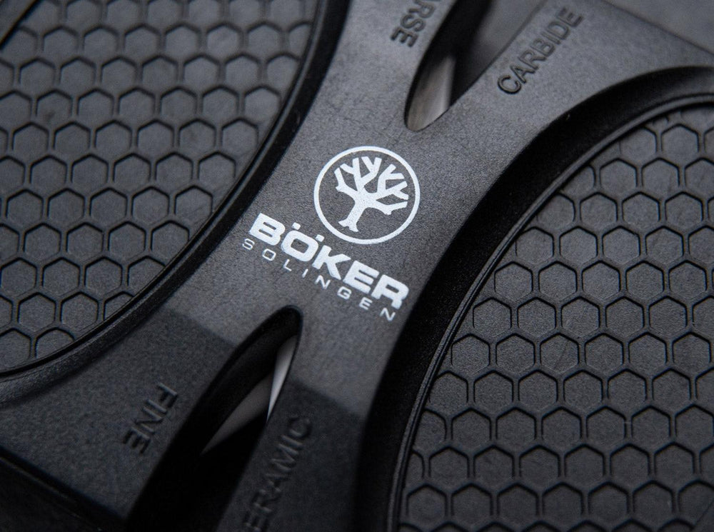 Close-up of the Böker X-Shaped Pocket Sharpener showing the Böker Solingen logo and fine and ceramic slots