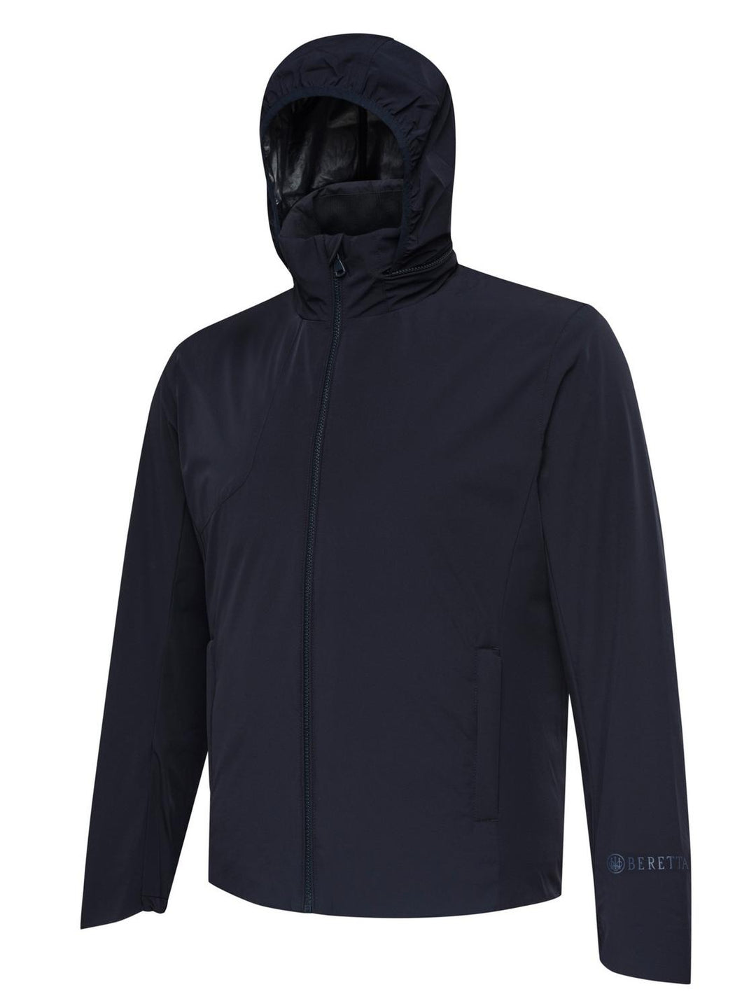 Beretta Pursuit 2 in 1 Jacket in navy blue, three-quarter front view with hood up
