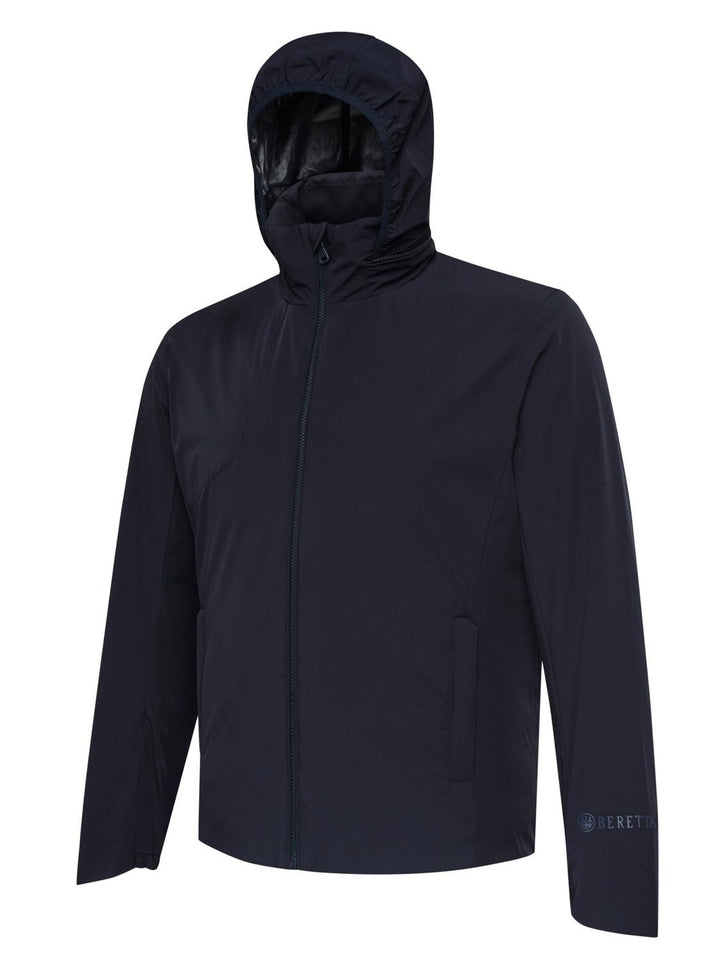 Beretta Pursuit 2 in 1 Jacket in navy blue, three-quarter front view with hood up