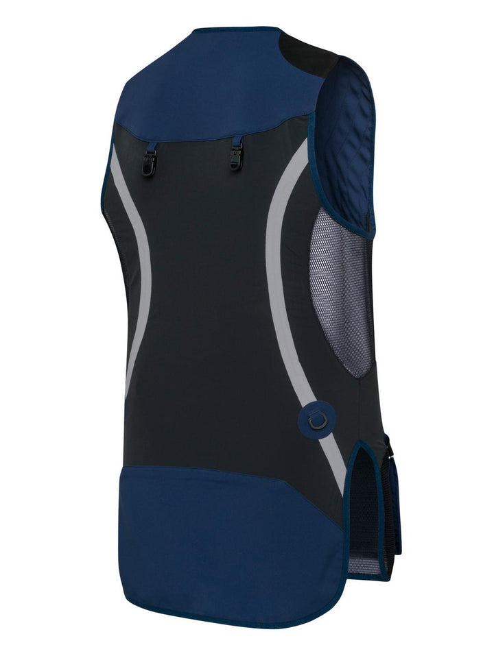 Beretta Crosser Vest in navy blue and black, rear three-quarter view with grey reflective side stripes