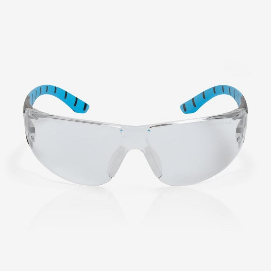 Riley Stream Blue safety glasses with clear lens, front view showing black and blue ribbed arms and nose pads
