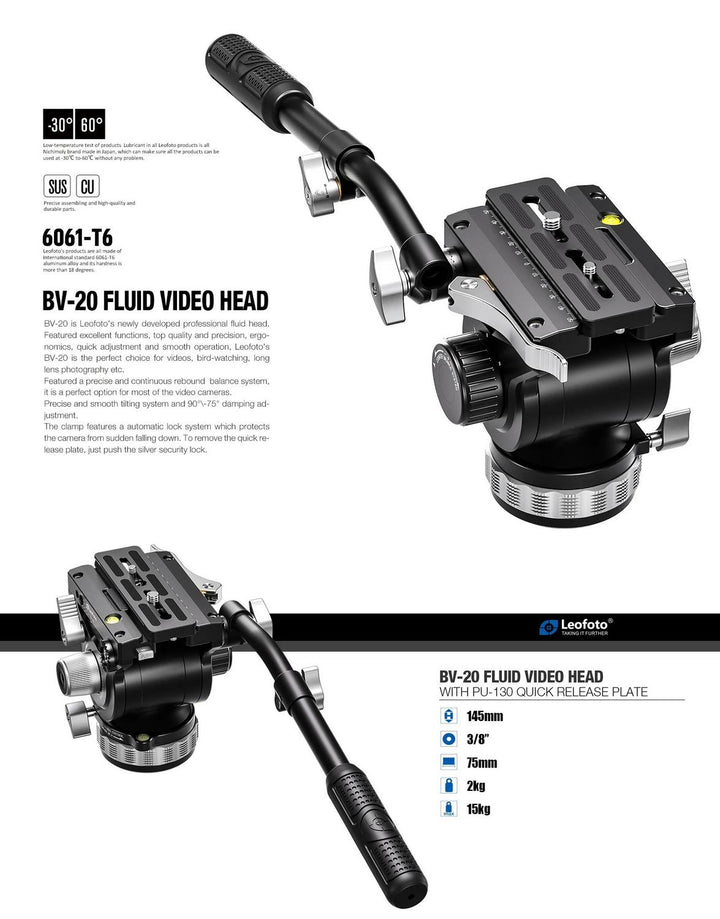 Leofoto BV-20 Pro Fluid Video Head with Lever-Release Arca Clamp
