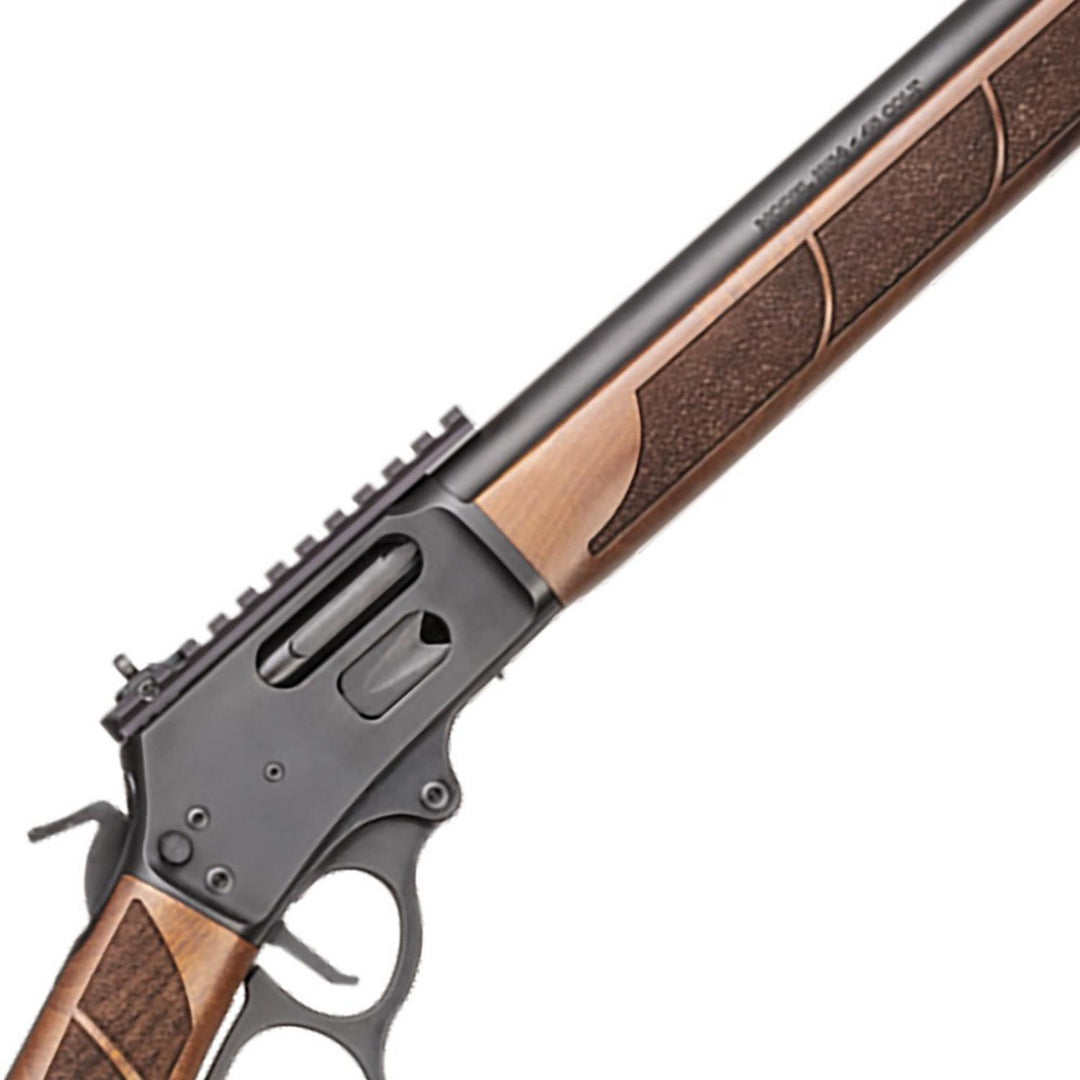 Lever-action rifle with a chequered wooden stock, blued receiver and a Picatinny top rail, shown at an angle from the action end