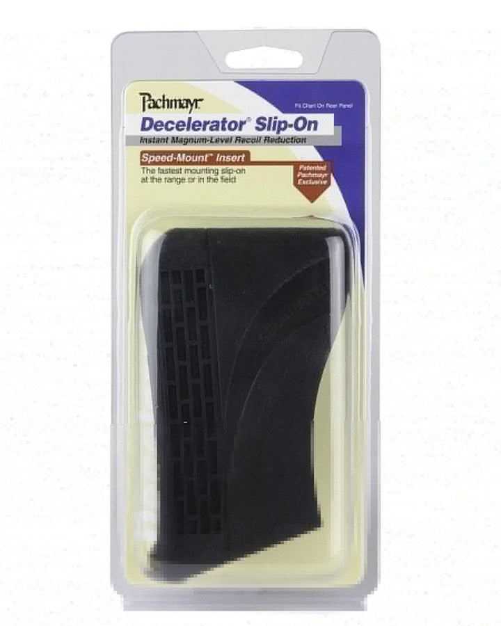 Pachmayr Decelerator slip-on recoil pad in black, shown in its retail blister pack with Speed-Mount insert and magnum-level recoil reduction claims