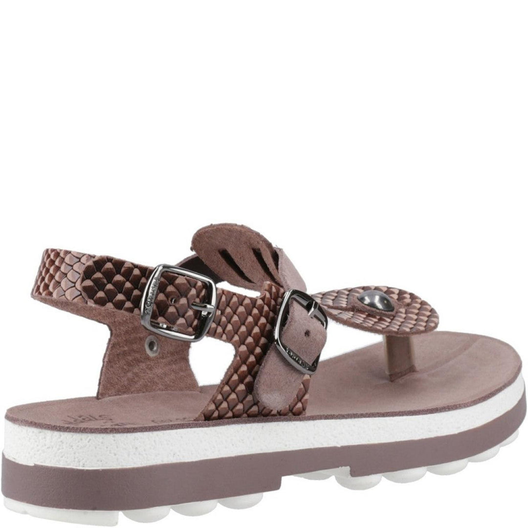 Fantasy Marlena buckle-up leather sandal in Espresso Cobra, raised three-quarter view showing the padded footbed and buckled ankle strap