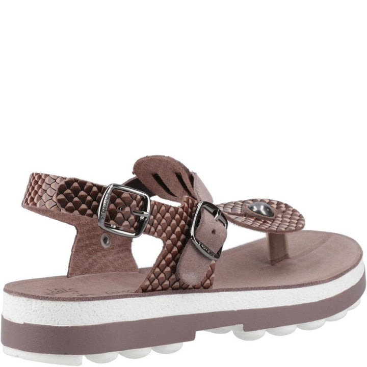 Fantasy Marlena buckle-up leather sandal in Espresso Cobra, raised three-quarter view showing the padded footbed and buckled ankle strap