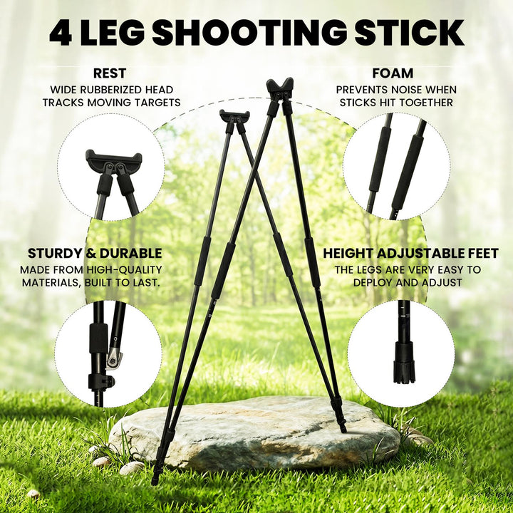 Annotated diagram of the BushWear 4 Leg Shooting Stick labelling the rest, foam, sturdy frame and height-adjustable feet