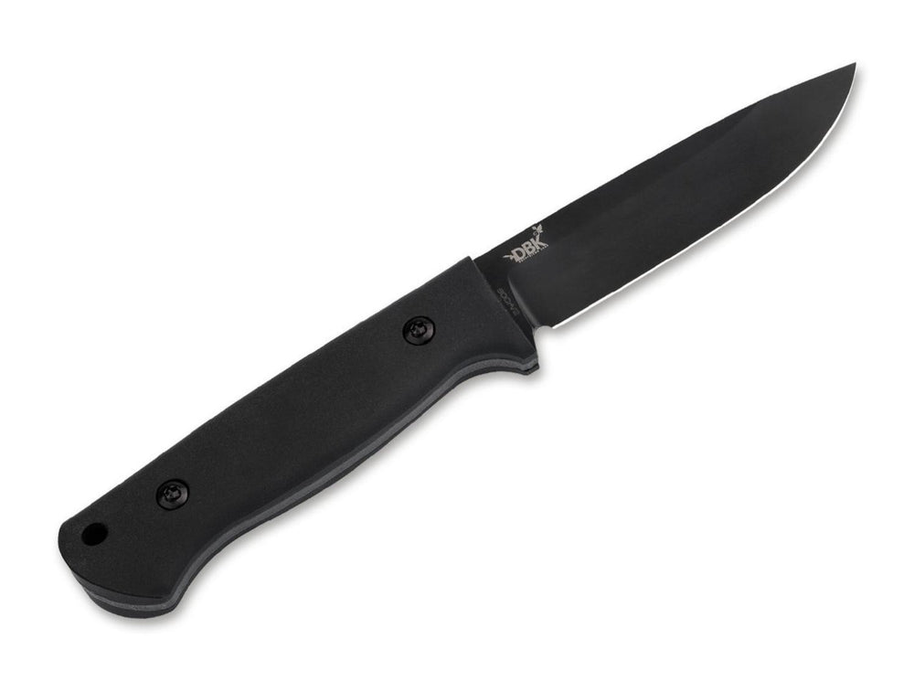 Böker DBK Bushfriend 2000 All-Black knife with black handle and drop-point blade, reverse side view on white