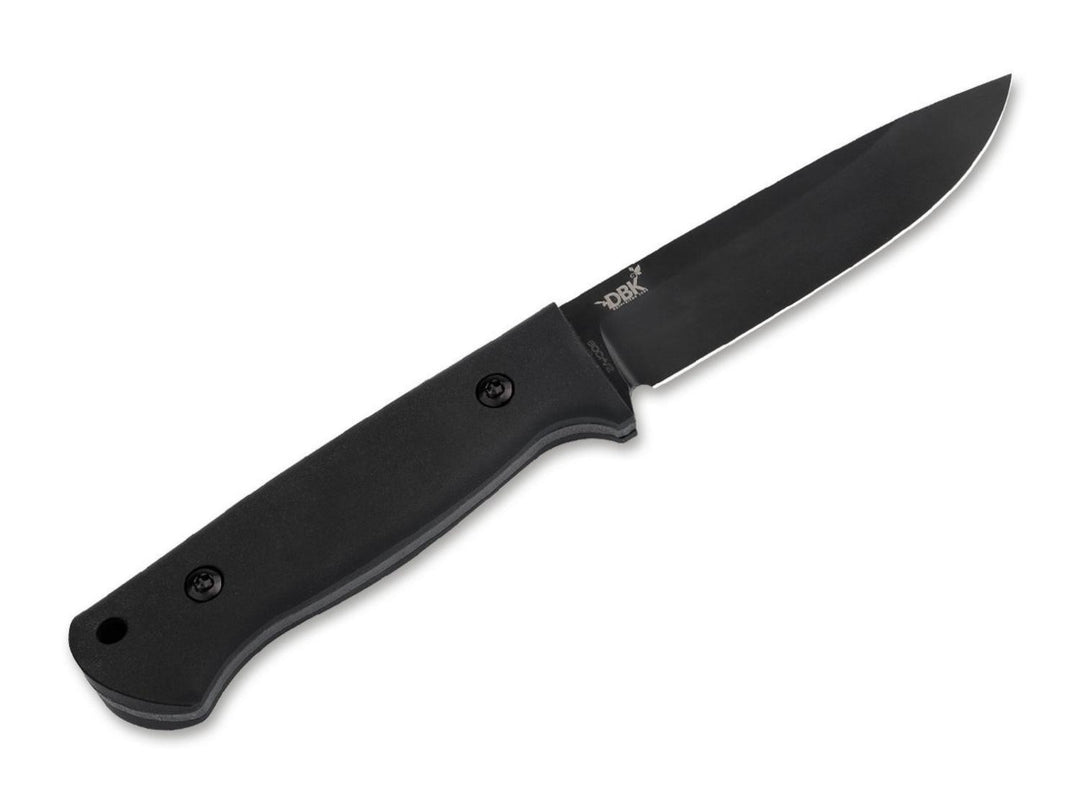 Böker DBK Bushfriend 2000 All-Black knife with black handle and drop-point blade, reverse side view on white