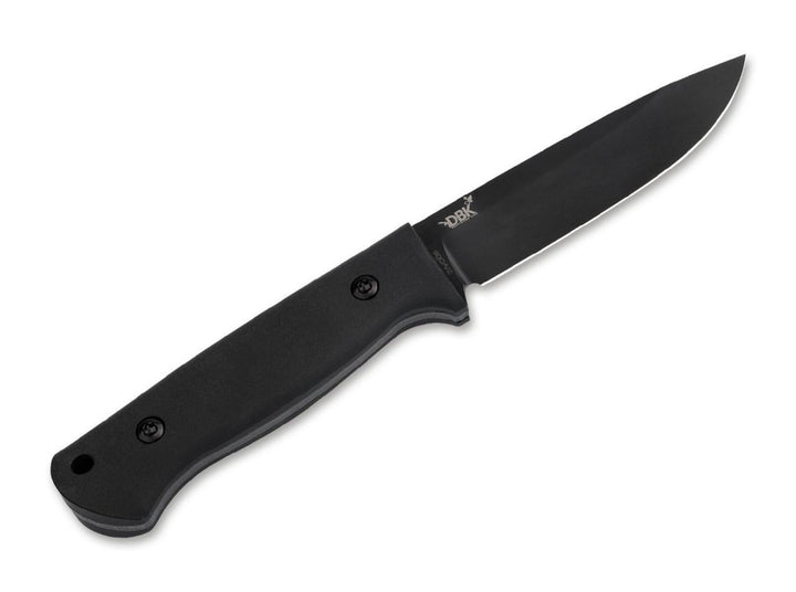 Böker DBK Bushfriend 2000 All-Black knife with black handle and drop-point blade, reverse side view on white