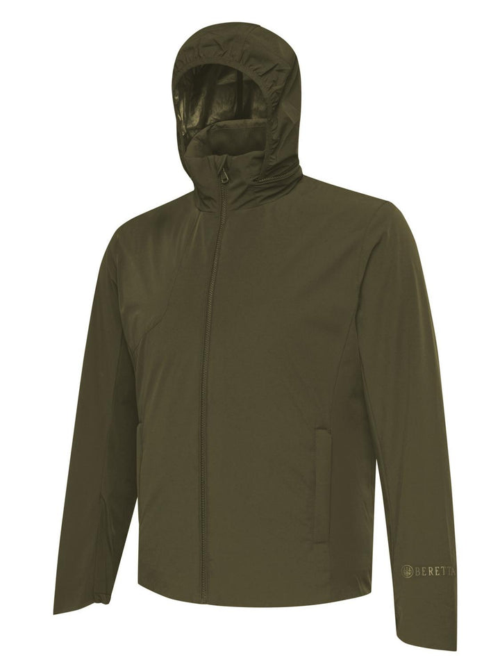 Beretta Pursuit 2 in 1 Jacket in olive green, three-quarter front view with hood up