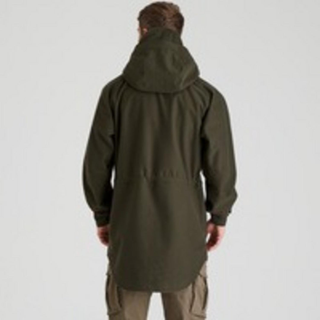 Back view of the Ridgeline Monsoon Classic Smock in Deep Forest green, hood down, showing the rear yoke seam and long drop tail