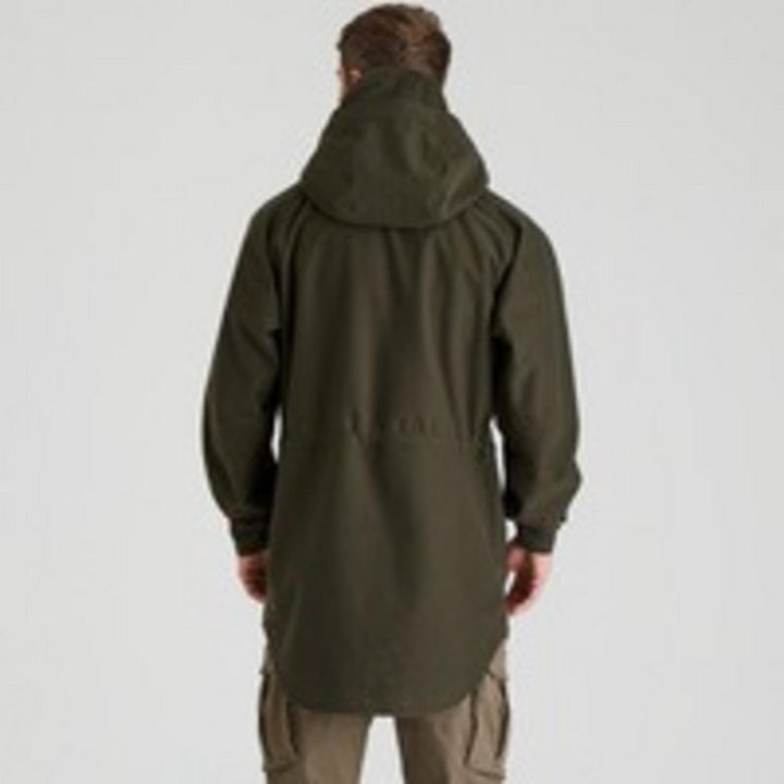 Back view of the Ridgeline Monsoon Classic Smock in Deep Forest green, hood down, showing the rear yoke seam and long drop tail