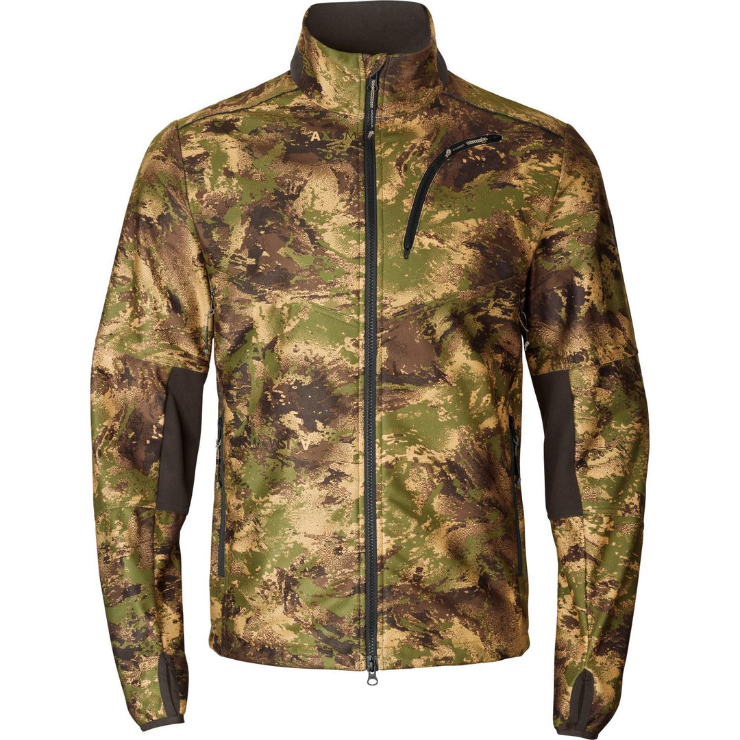 Härkila Deer Stalker camo WSP fleece jacket in AXIS MSP Forest camo, front view showing the zipped chest pocket and brown collar top